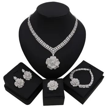 

TSROUN Exquisite Cubic Zircon Silver Color Flower Pendant Necklace Dubai Nigerian Wedding African Beads Bridal Jewellery Set