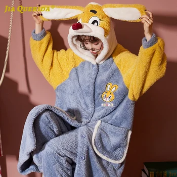 

Button Blue New Soft Hooded Robe for Woman Front Pocket Cartoon Printing Bathrobe + Pants Winter Warm Kimono Yukata Ladies
