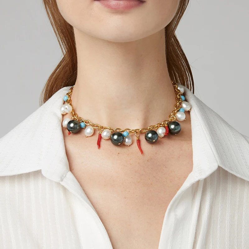 Позолоченная цепочка с коралловыми рогами подвески пресноводным жемчугом и из