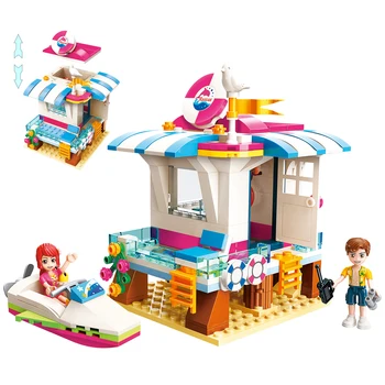 

Qman 2019 Friends Princess Series Beach Aid Cabin Point Set Boat Figures DIY Educational Building Blocks Toy for Girls Gifts
