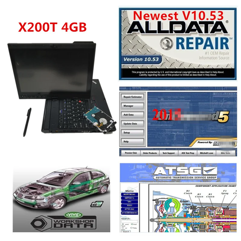 Software de reparação de alldata aut alldata 10.53 e m .. chell on-dem .. oficina vívida de atsg do software do automóvel de d com x200t portátil hdd 1tb