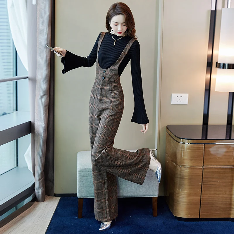 pants Шерстяные широкие брюки для женщин зимняя винтажная клетчатая Офисная Женская одежда женские брюки комбинезоны с высокой талией боди брюки клеш - Цвет: pants