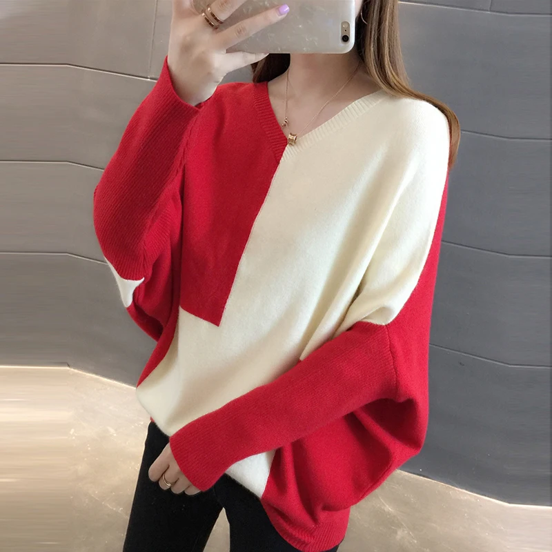 

Fashion Patchwork V-neck Pullovers Sweaters Women Batwing Sleeve Loose Knitted Sweaters Tops Autumn Winter Female Sweater FP1334