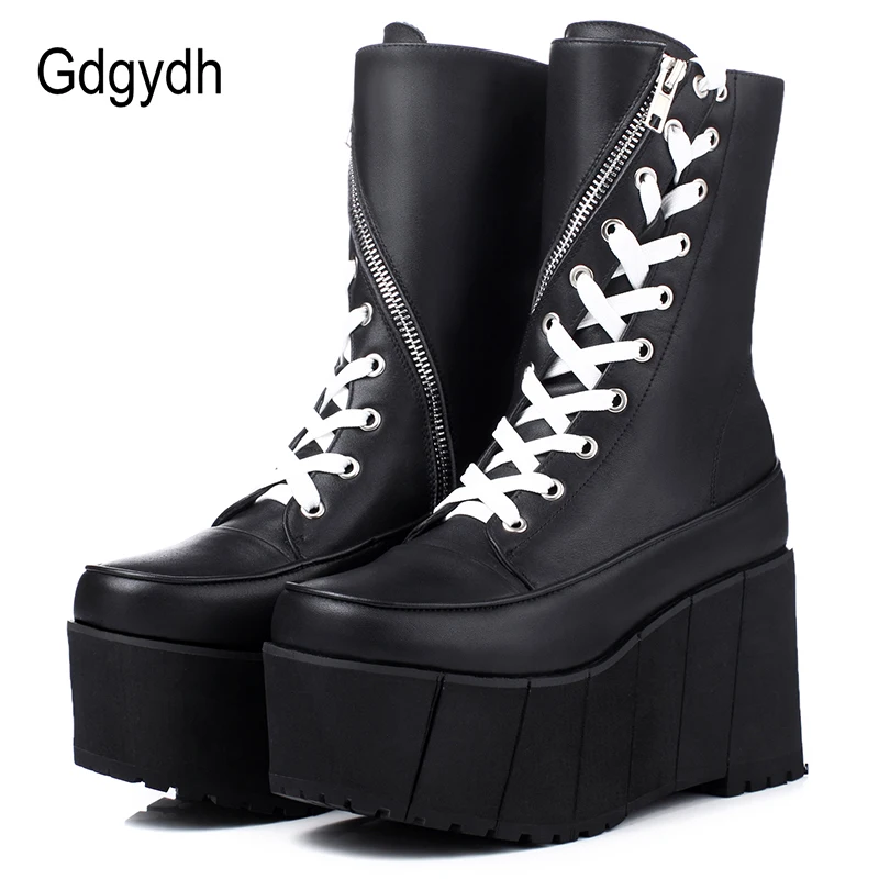 Tanie Gdgydh ręcznie robione buty z prawdziwej skóry kobiet biały wiosna jesień moda na zamek buty motocyklowe kobieta grube dno buty na koturnie