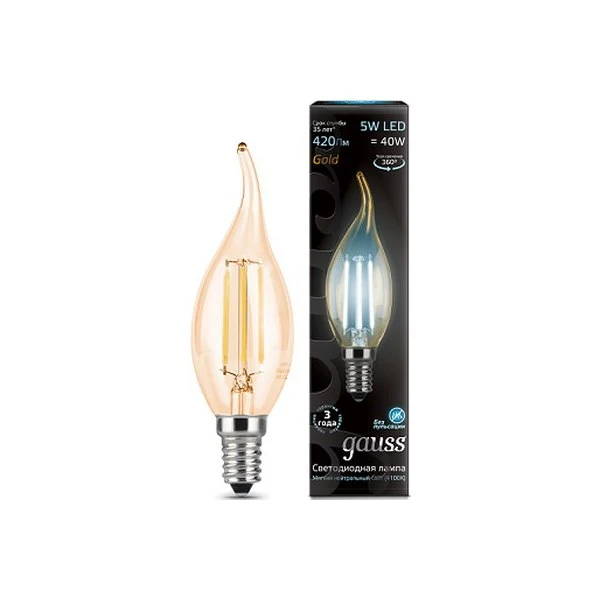 Лампа GAUSS Filament Свеча на ветру E 14 5W 4100 K Golden 104801805|Новизна освещения| |