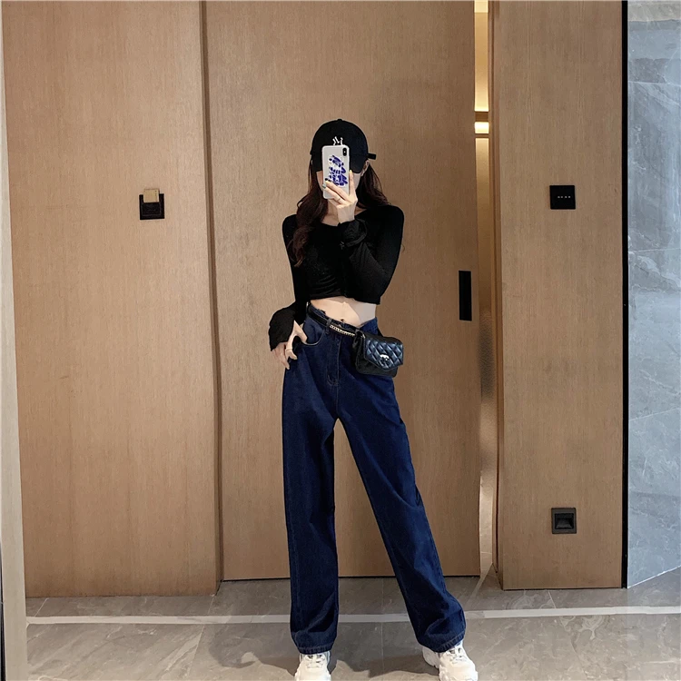 Retro loose high waist straight-bottomed jeans Slim broad-legged trousers in autumn