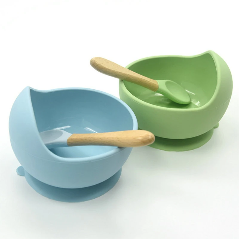 Set De Vaisselle Silicone Pour Bebes Cuillere En Bois Ventouse D Assiette Facilite L Alimentation Du Bebe Et Des Enfants En Bas Age Silicone De Haute Qualite Sans Bpa Aliexpress