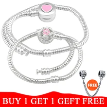 Высокое качество, розовое сердце, серебряная цепочка-змейка, браслет, Подходит для Pandora, очаровательные браслеты для женщин, 18-21 см, PSC021
