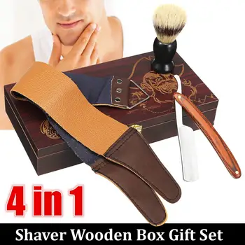 

4Pcs Vintage Manual Shaver Kits With Wooden Box Gifts Barber Holder Folding Straight Razor Shaving Knife Shave Beard Cutter