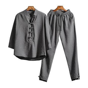 

Male Plain Tracksuit Set Men Cotton Linen Cotton Linen Shirt Tops And Pants 5XL Man Mens 2 Piece Outfit Casual Japanese Style