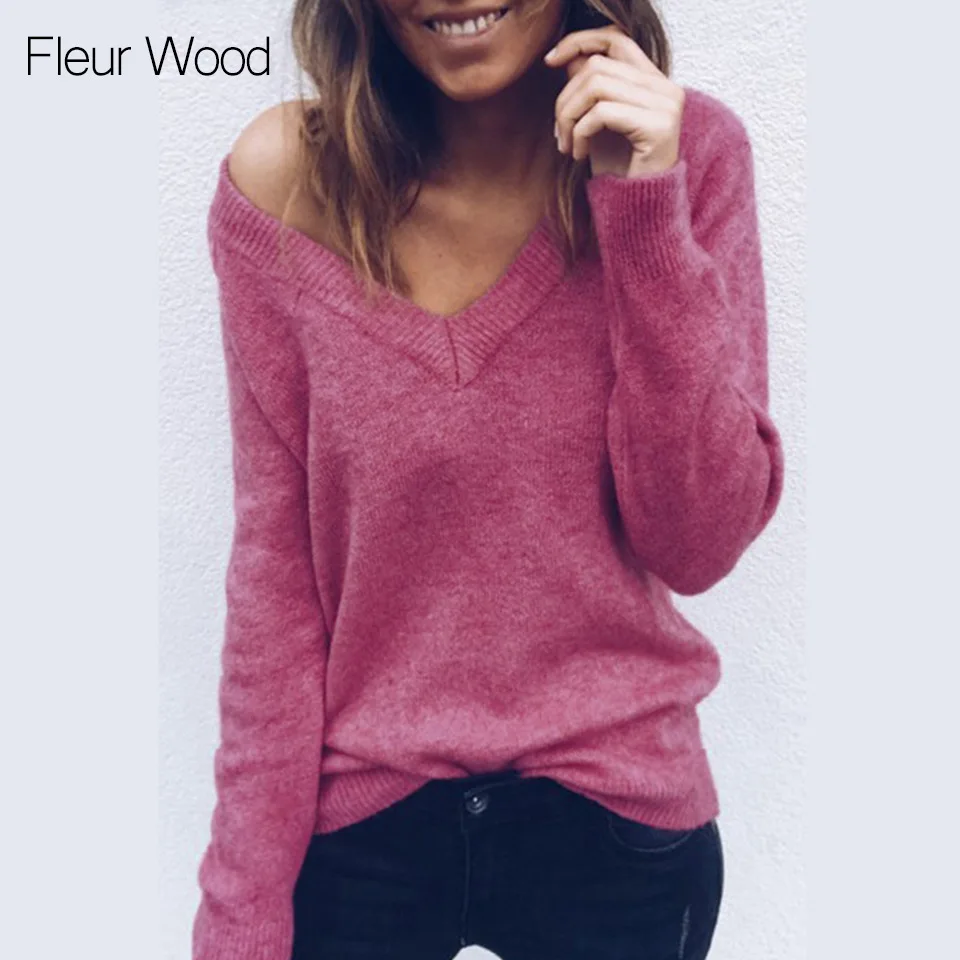 FLEUR WOOD, сексуальная женская рубашка с v-образным вырезом, одноцветная, длинный рукав, шерстяной топ, рубашка размера плюс, однотонная женская одежда Mujer de Moda
