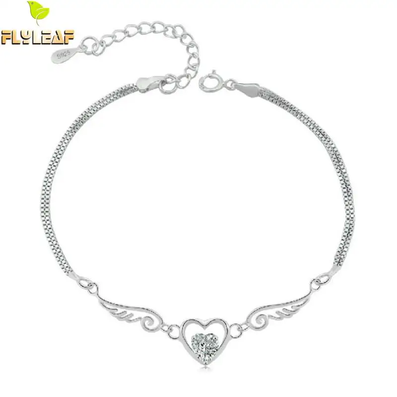 

Flyleaf 100% 925 Sterling Silver Double Angel Wings Heart Charm Bracelets For Women Fashion Crystal jewelry Pulseira Feminina