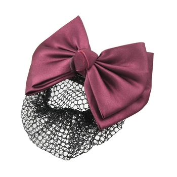 

Women Burgundy 2-layer Bow Barrette Hair Clip Bun Cover w Snood Net