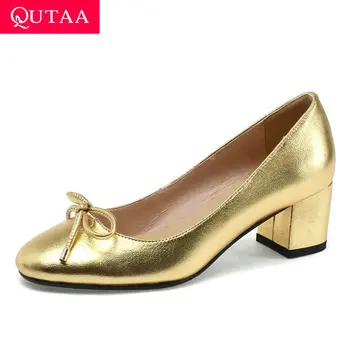 

QUTAA 2020 Cow Leather Kid Suede Cloth Square Heel Slip on Women Shoes Butterfly-Knot Round Toe Leopard Women Pumps Size 34-43
