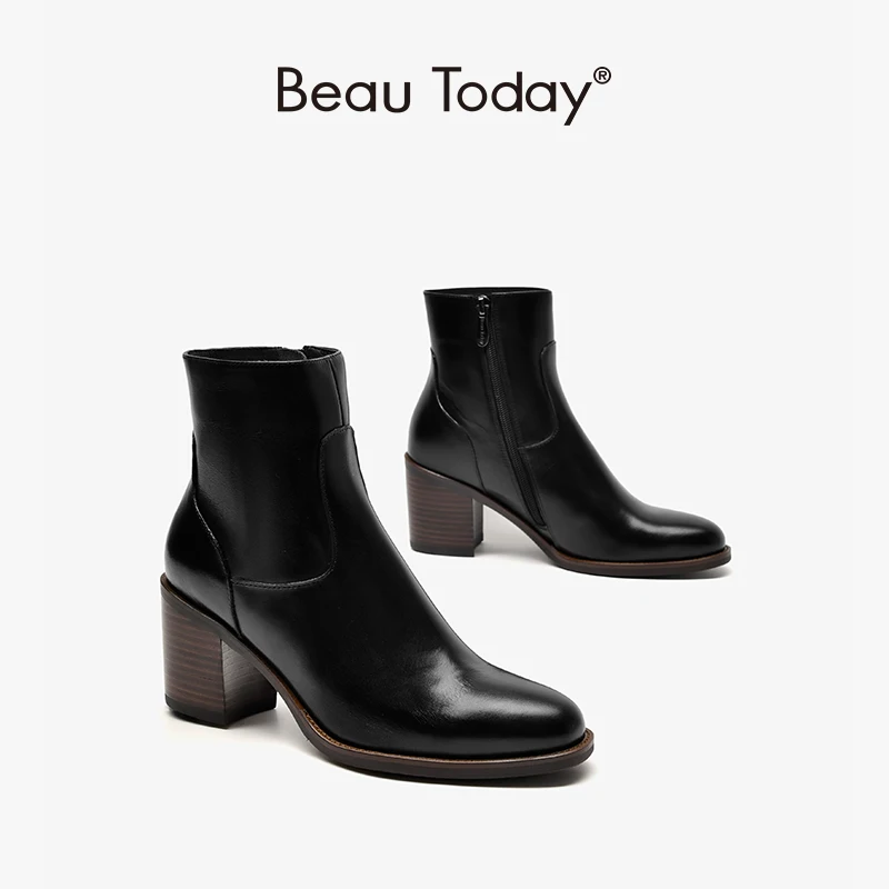 

Women Boots Ankle Length Genuine Cow Leather Round Toe Shoes with Side Zipper High Heel Boots for Women Handmade BeauToday 03374