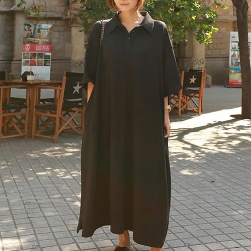 

LANMREM Solid Color Lapel Short Sleeve Loose Plus Woman Pullover Dress Casual Personality Fashion 2019 Autumn Dresses New TV150
