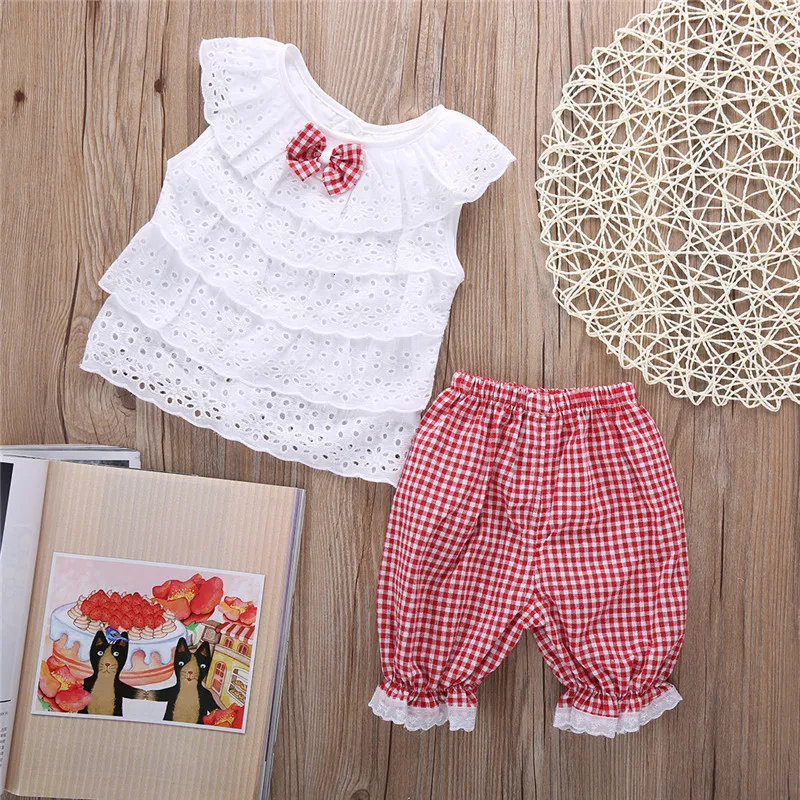 2018 In Summer Beauty Cute Kids Clothes Two Pieces New Fashion Bowknot Lace Coat And Plaid Shorts Set Sweet Children Girls Suit | Мать и