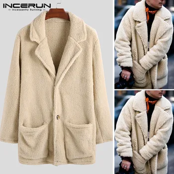 

INCERUN Men's Coat Winter New Apricot Streetwear 2020 Hairy Cardigan Solid Color Lapel Large Pocket Warm Simple Men's Coat 5XL