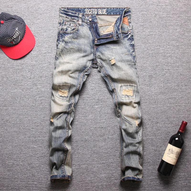 Italian Style Fashion Men Jeans Retro Wash Slim Fit Destroyed Ripped Jeans Men Biker Pants Homme Vintage Designer Hip Hop Jeans Italian Style Fashion Men Jeans Retro Wash Slim Fit Destroyed Ripped Jeans Men Biker Pants Homme Vintage Designer Hip Hop Jeans