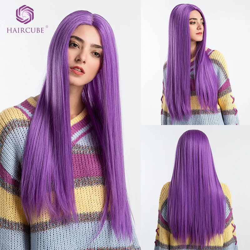 

Haircube Long Straight Hair Synthetic Lace Front Wig Purple Color Cosplay Wigs for Black Women Party Costume
