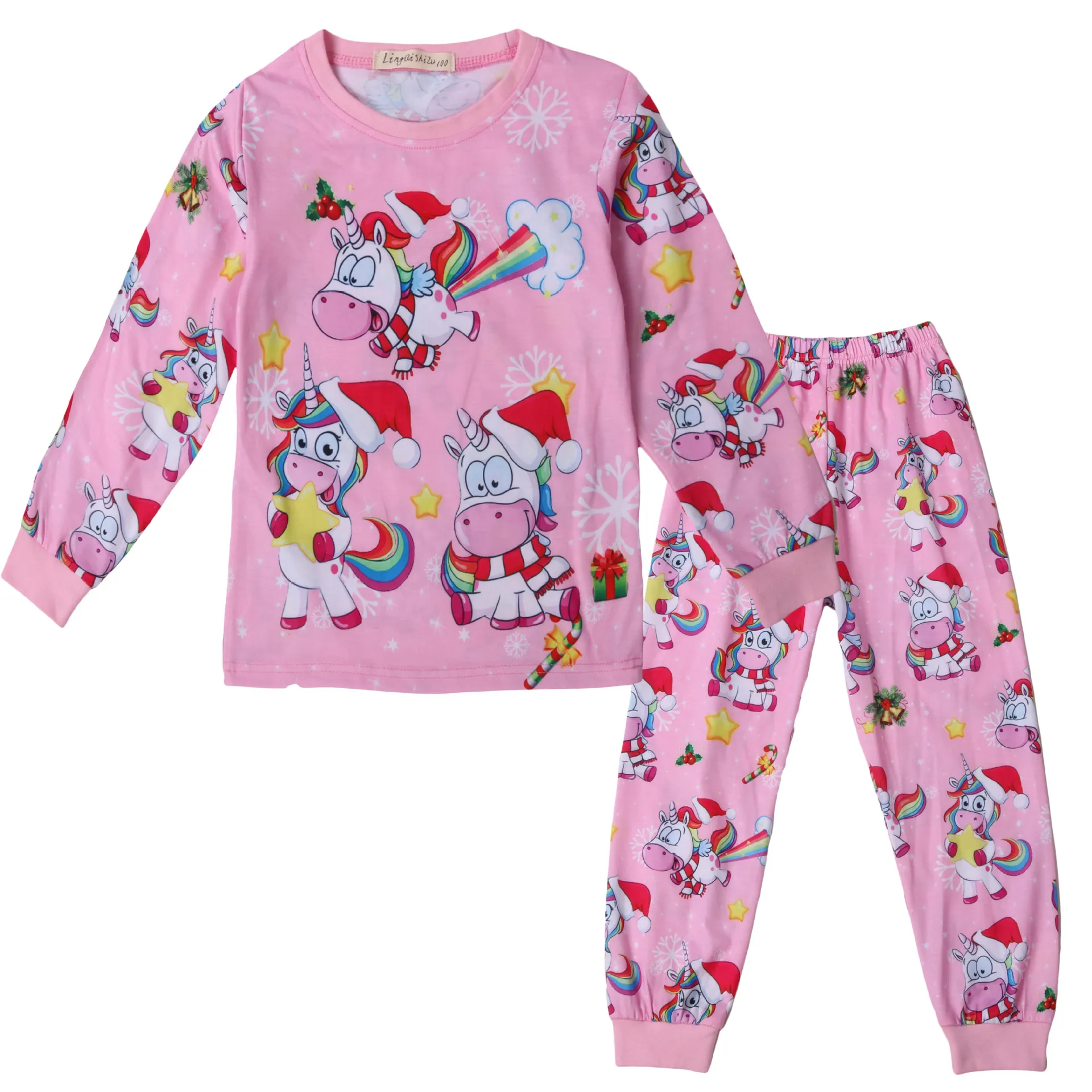 Рождественский пижамный комплект для маленьких девочек; домашняя одежда с единорогом для маленьких девочек; одежда для сна с длинными рукавами; одежда для сна; детский пижамный комплект; детская одежда