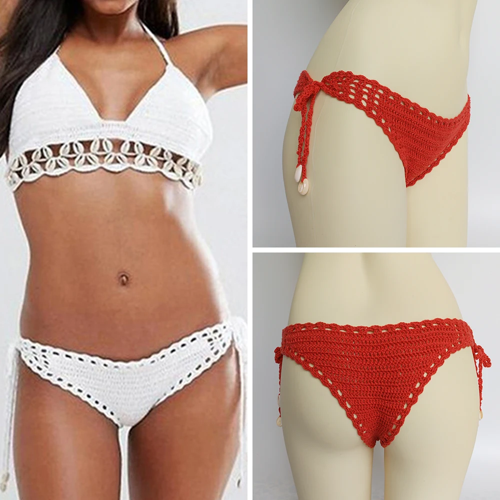Parte inferior de Bikini de algodón para mujer, Bikini único Sexy de ganchillo, Tanga calado de cintura baja, traje de baño, calzoncillos para natación