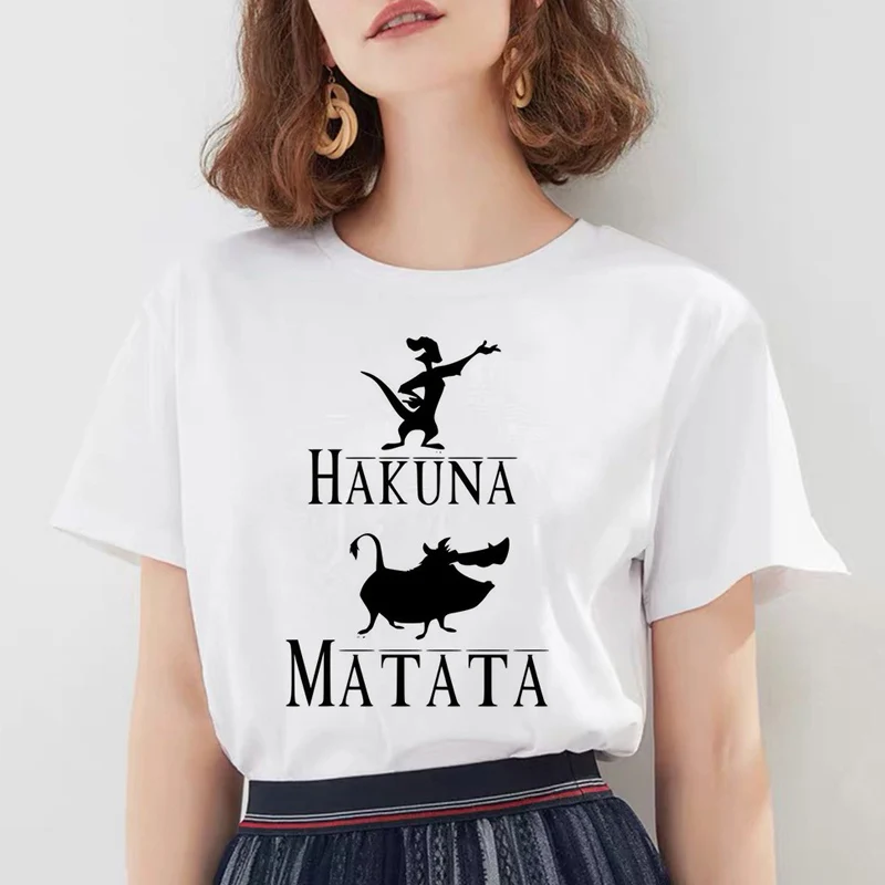 Модные женские футболки Hakuna Matata Kawaii с принтом, футболка с героями мультфильмов, большие размеры, милые топы, свободные белые футболки с круглым вырезом - Цвет: W229-White