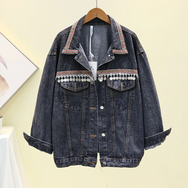korean modish fashion jeans denim jacket women autumn casual sequined long sleeve jean womens jackets and coats new arrival