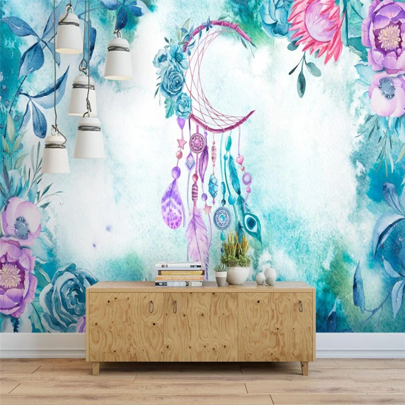 

Customize Nordic modern art hand-painted watercolor flowers and plants feather wall custom large mural green wallpaper