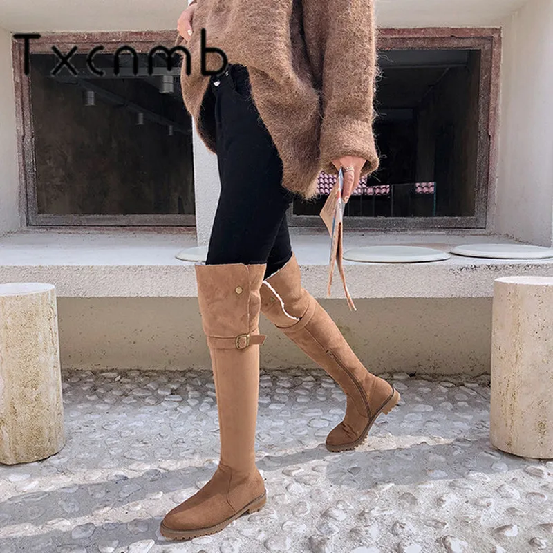 

TXCNMB Over The Knee Boots Women Platform Cow Suede Leather High Female Booties Round Toe Low Heel Riet Black Winter Snow Boots