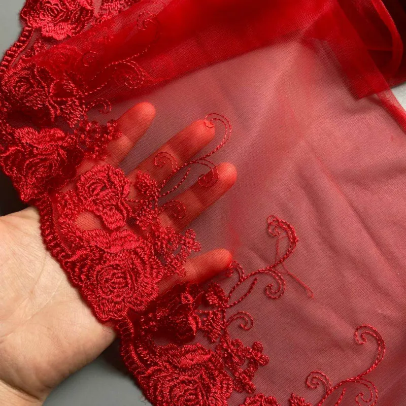3Yds/lot 22cm Flower Wide Dark Red Fluorescent Floral Embroidery High Quality Lace Trim For Garments And Wedding | Дом и сад