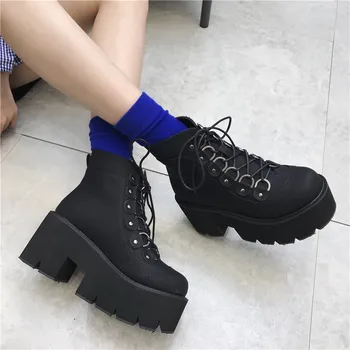 

YMECHIC 2019 Winter Gothic Punk Military Combat Womens Boots Ankle Lace Up Platform Woman Bootie Black Goth Rock Creeper Shoes