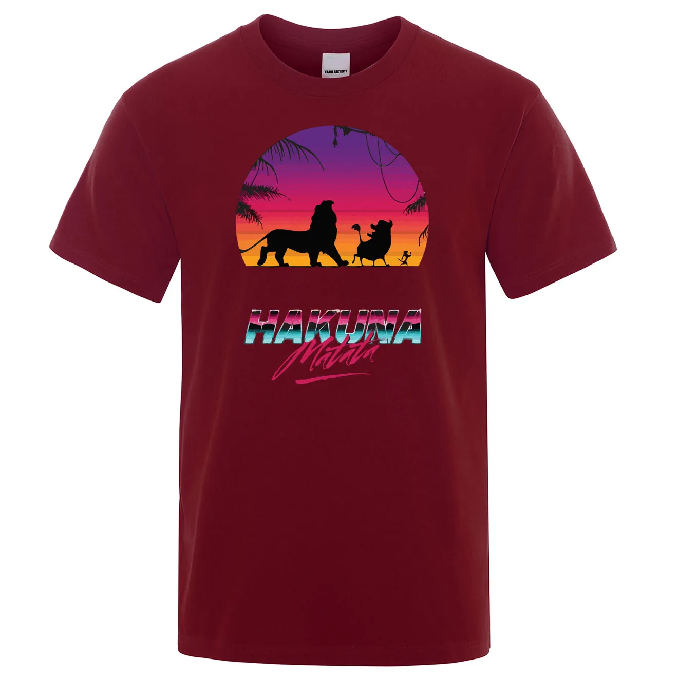 Футболка с принтом короля льва Симбы из мультфильма Hakuna Matata, летняя модная мужская футболка, крутая хлопковая футболка, повседневные мужские топы - Цвет: wine red 6