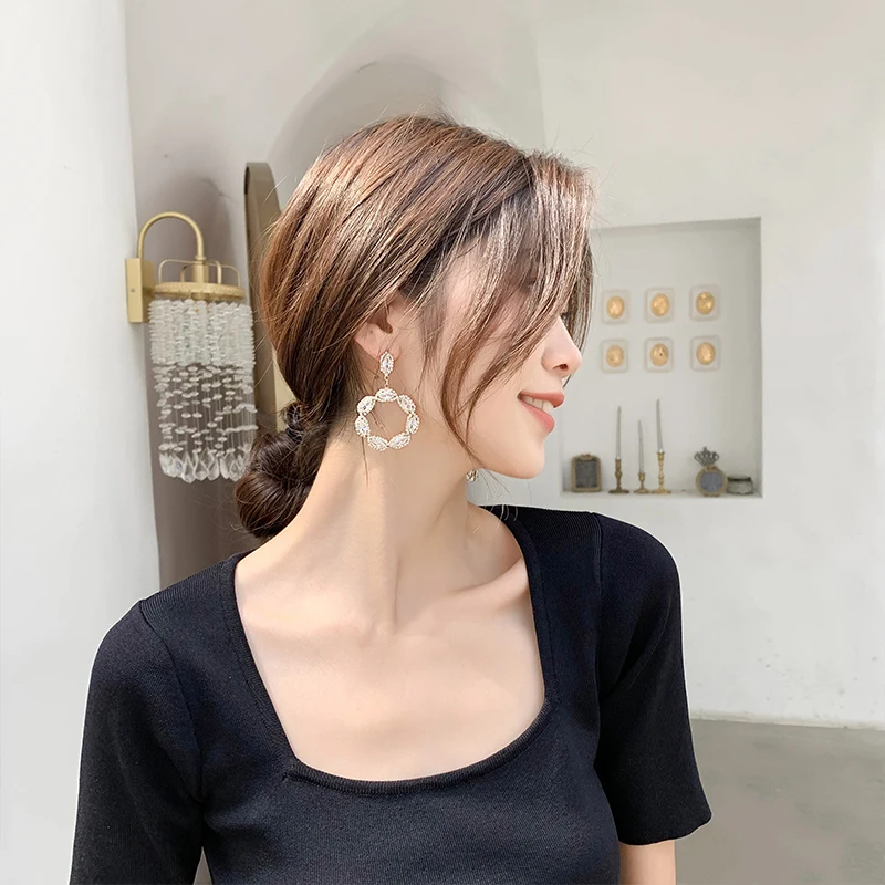 Korea hot new design fashion jewelry luxury full crystal round dangle earrings high-end wedding party earrings for women gift
