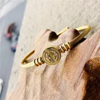 Catholic St. Benedict Geometric Medal Wire Bangles For Statement Stainless Steel San Benito Pulseras Mujer 2
