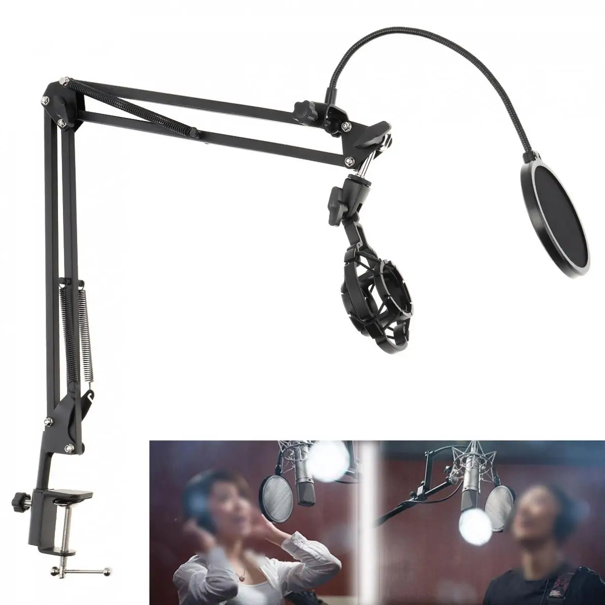 

Microphone Scissor Arm Stand Holder Desktop Universal Shockproof Adjustable Mic Mount Bracket with Pop Filter Table Clip