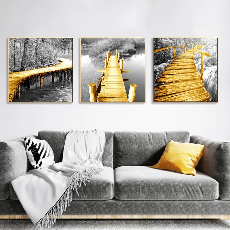 Скандинавский пейзаж Живопись лес водопад деревянные Bridg серые картины гостиная