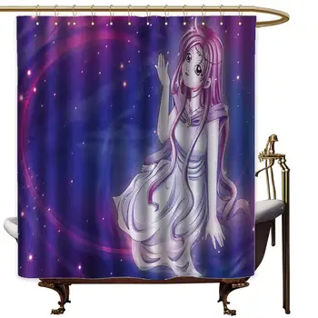 

Anime Hotel Fabric Shower Curtain Cute Purple Anime Fairy Sitting in Theme of Zodiac Astrology Horoscope Sign Artprint Suitable