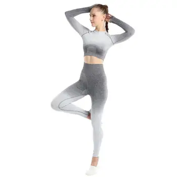 

SVOKOR Seamless Yoga Clothes For Women Gradient Long Sleeve Top 2 piece Sport Suit Workout Push Up Leggings Pants fitness