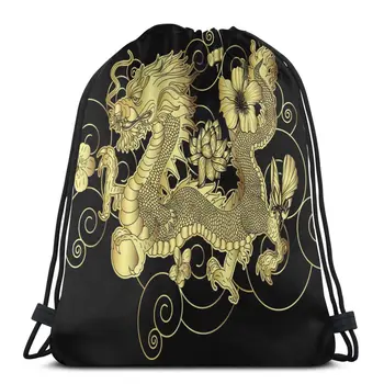 

Gold Japanese Dragon With Lotus Hibiscus And Sakura Flower Bag Outdoor Fitness Drawstring Beam Mouth Backpack Travel Backpack