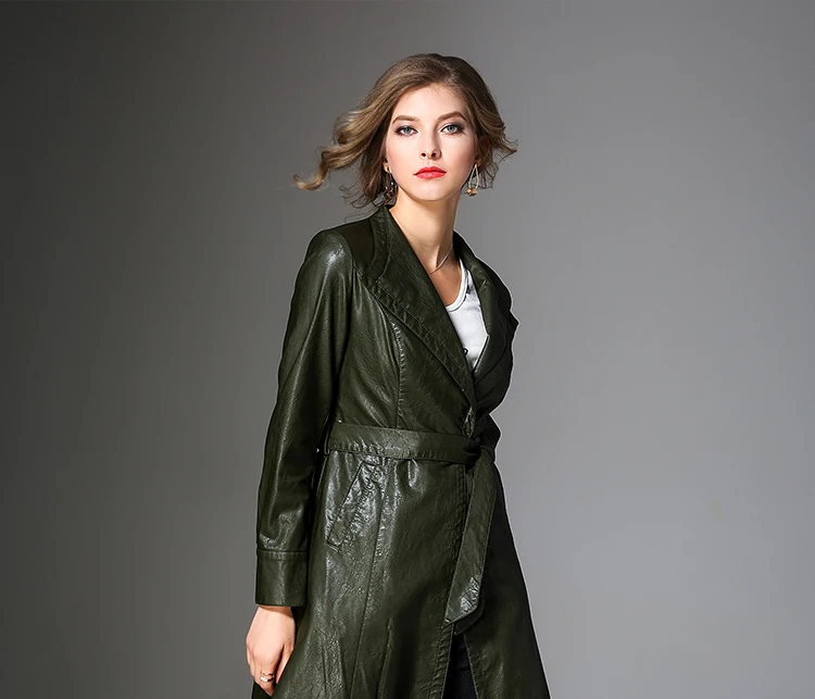 Foxmertor Brand Fashion Women Pu Leathers Trench Coat Female Overcoat Autumn Long Sleeve Belt Long Coat Ladies Windbreaker Black