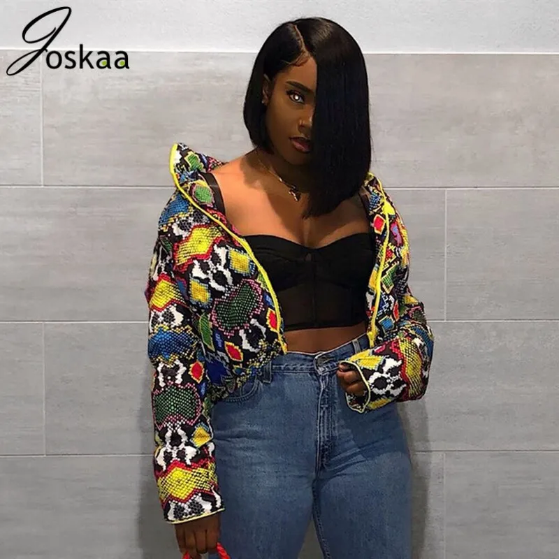 

Joskaa Print Colorful Casual Down Parka Jacket Women Coat Winter Female Streetwear Short Coat Snow Wear Warm Outerwear 2019