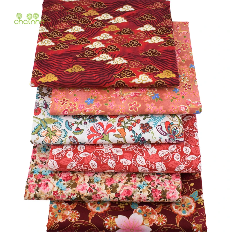 Chainho,6pcs/Lot,Dark Red Floral,Printed Twill Cotton Fabric,Patchwork Cloth,DIY Sewing&Quilting Fat Quarters Material For Baby