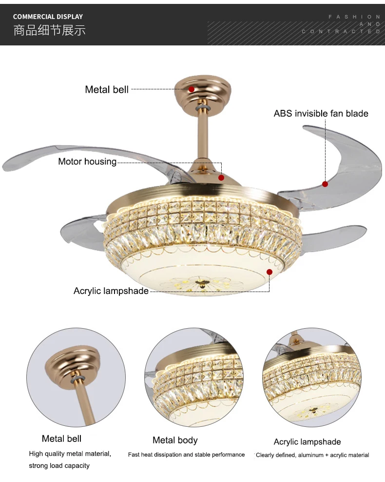 Светодиодный Золотой трехцветный потолочный светильник с затемнением, светильник для гостиной, спальни, роскошный хрустальный потолочный вентилятор, светильник