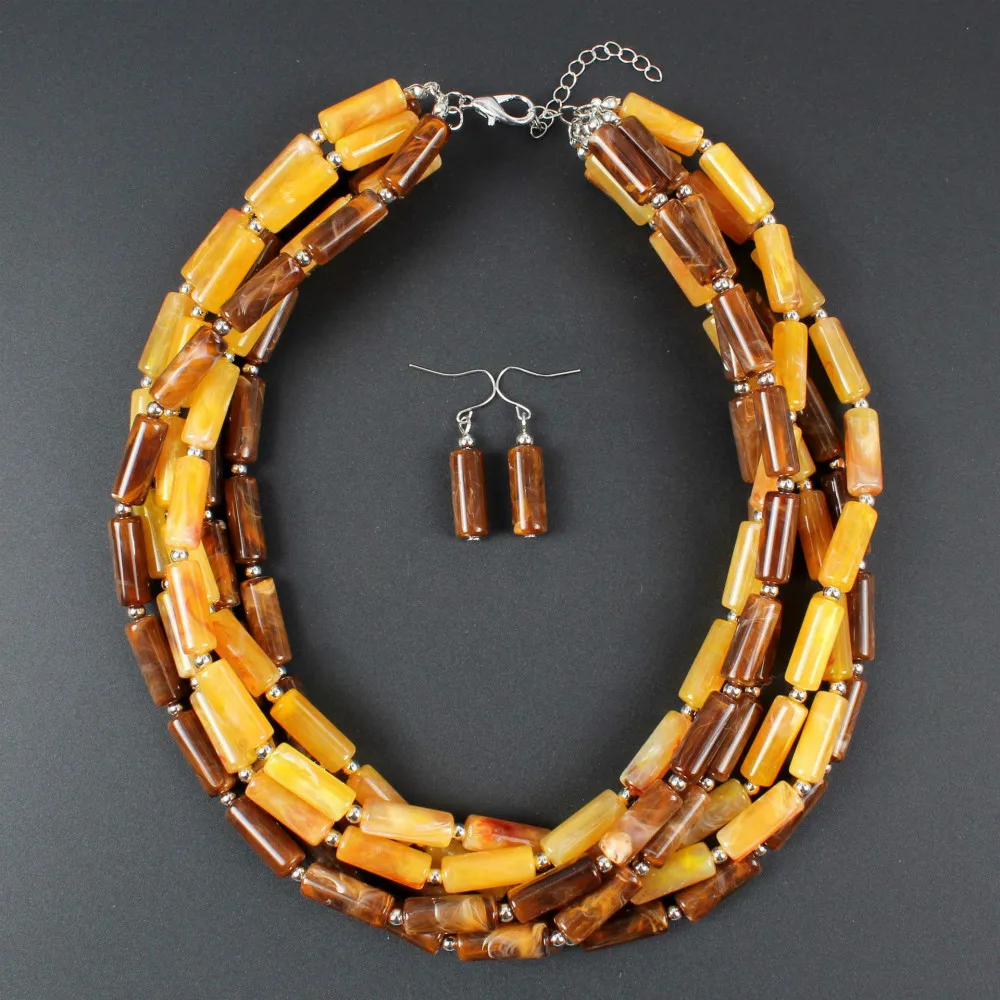 brown Fashion New Multilayer Cylindrical Resin Choker Necklace Earrings for Women Ethnic Bohemian Boho African Beads Jewelry Sets - Окраска металла: brown