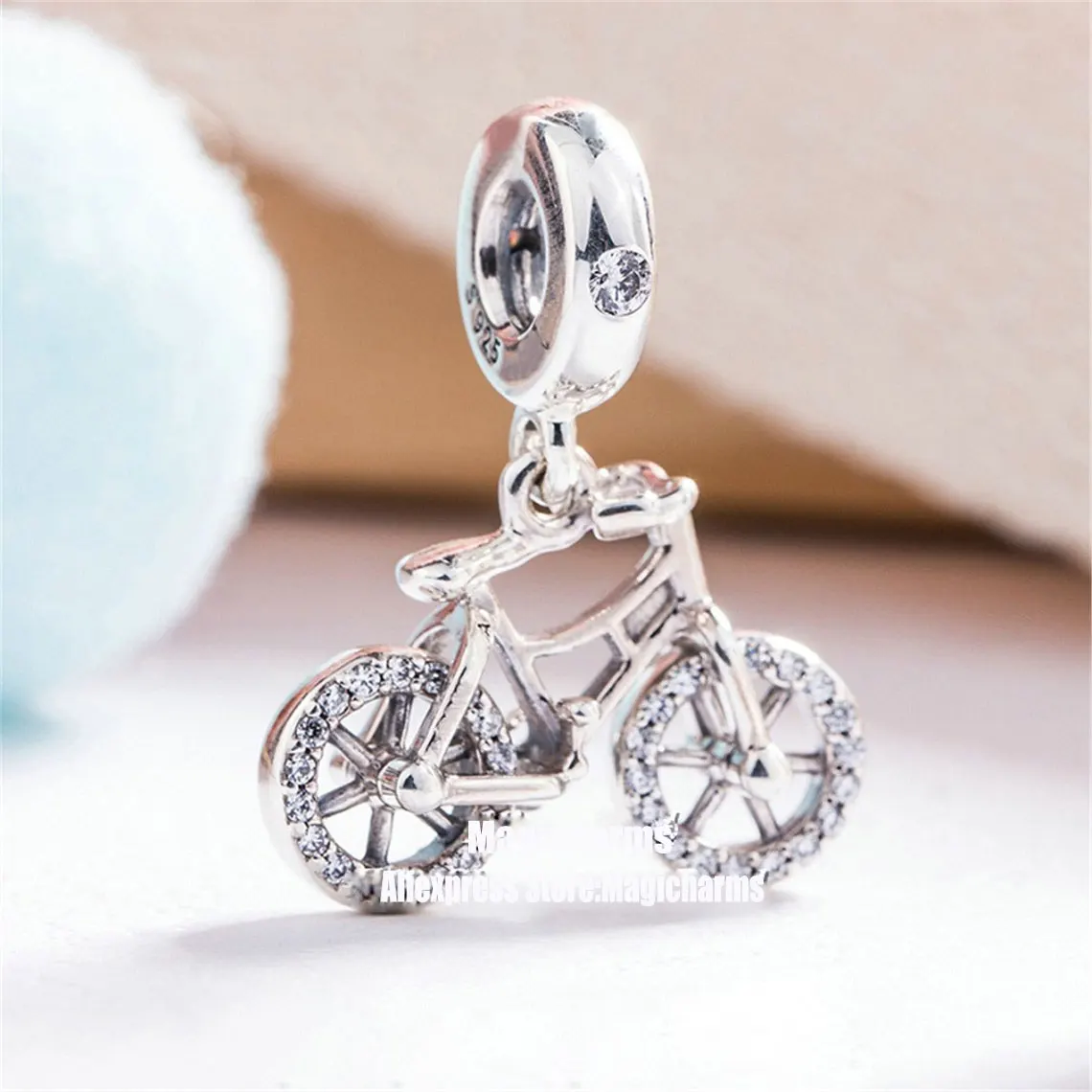 

925 Sterling Silver Brilliant Bicycle With Clear Cz Dangle Pendant Charm Bead Fits All European Pandora Bracelets Necklaces