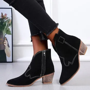 

Women Boots Flock Black Red Warm Winter Autumn Vintage Ankle Shoes Retro Pointed-toe Square Heels Platform Female Short Boots