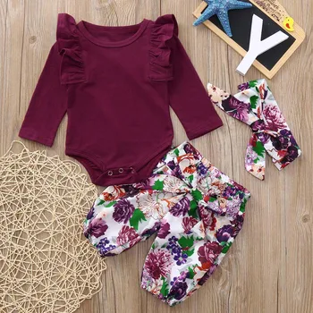 

2 Pieces NewbornToddler Infant Romper Clothes Set Princess Baby Girls Fly Sleeve Romper+Floral Pants+Headband 0-18 Months #BL1