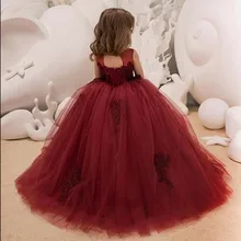 Ball Gown Burgundy Flower Girls Dress for Wedding Party Floor Length Bodice Girl Pageant Dresses Hollow Out Back