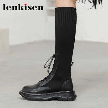 

Lenkisen chic genuine leather round toe thick bottom knitting boots cross-tied British style vintage classic knee-high boots L34
